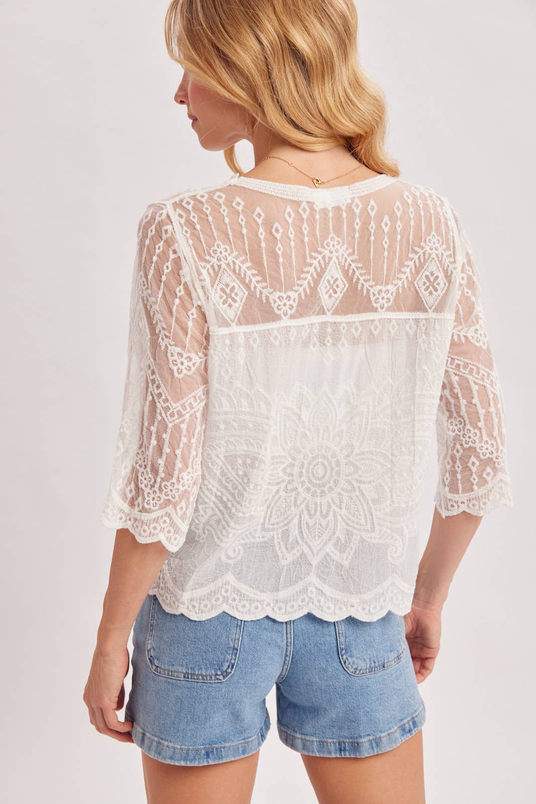 Sheer Embroidered Mesh Button Down Hem Blouse