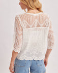 Sheer Embroidered Mesh Button Down Hem Blouse