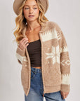 FAIR ISLE FUZZY KNIT FRONT ZIPPER CARDIGAN