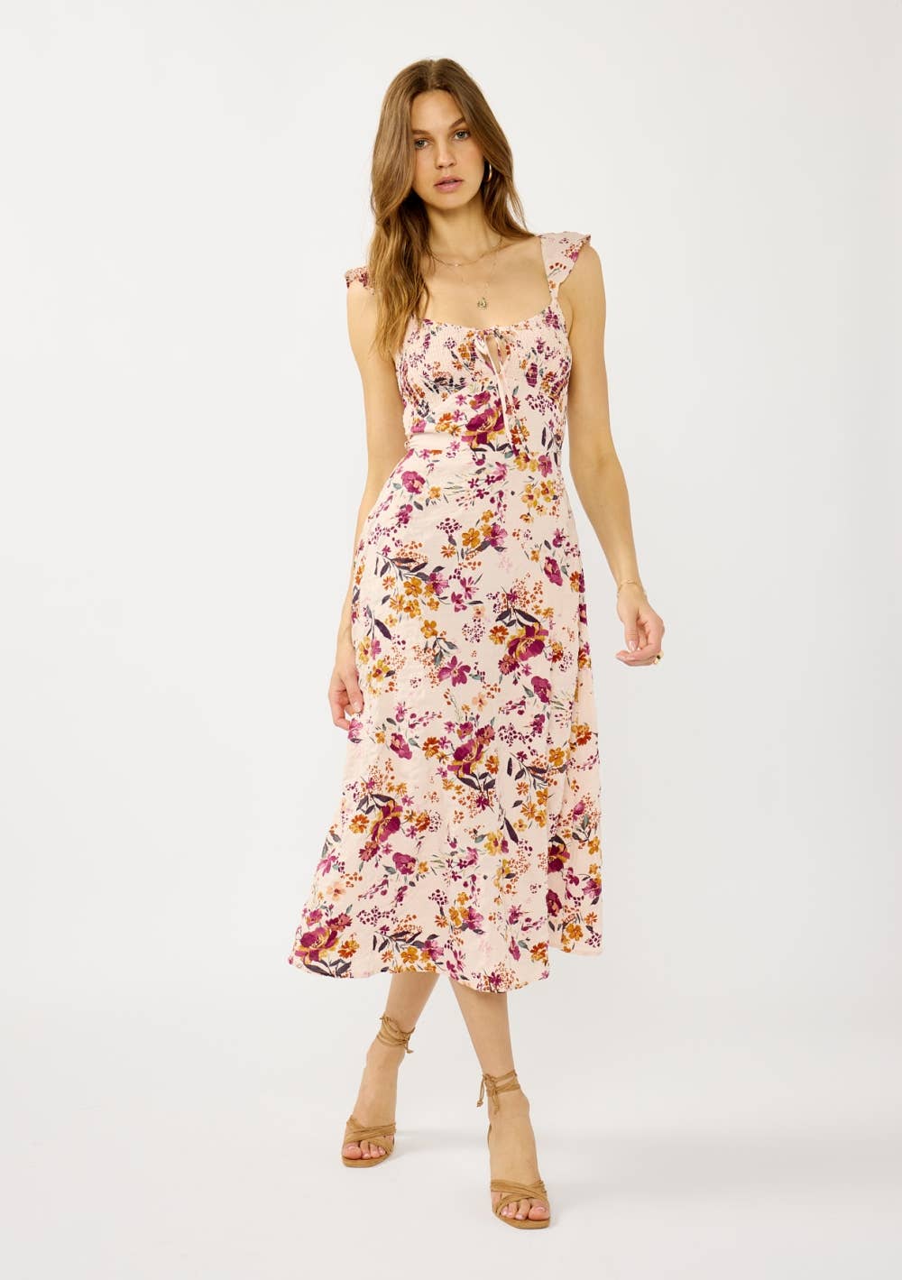Lace-Up Smocked Bodice Midi Dress