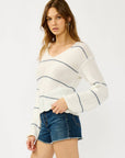 V Neck Fuzzy Stripe Sweater