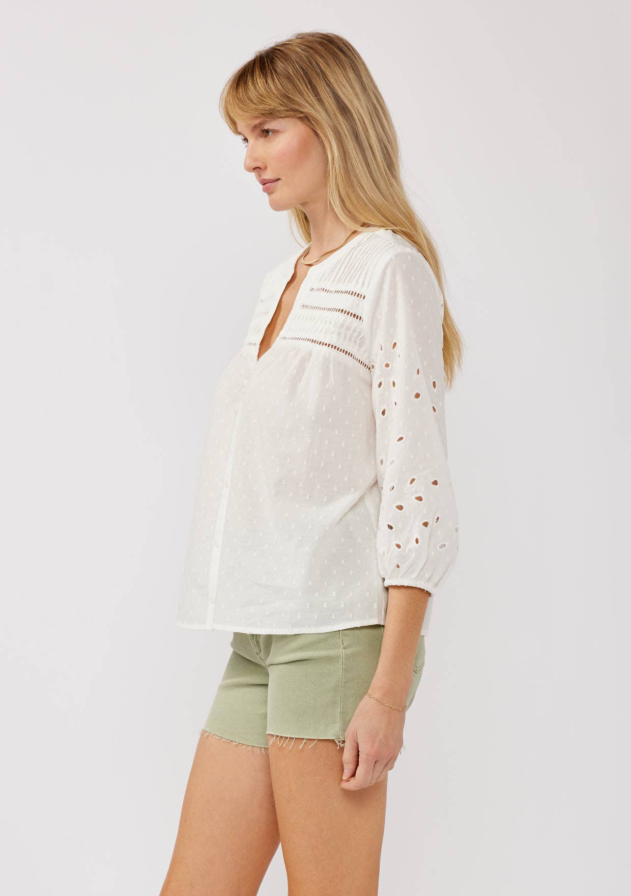 3/4 Sleeve Cotton Clip Dot Button-Down Blouse