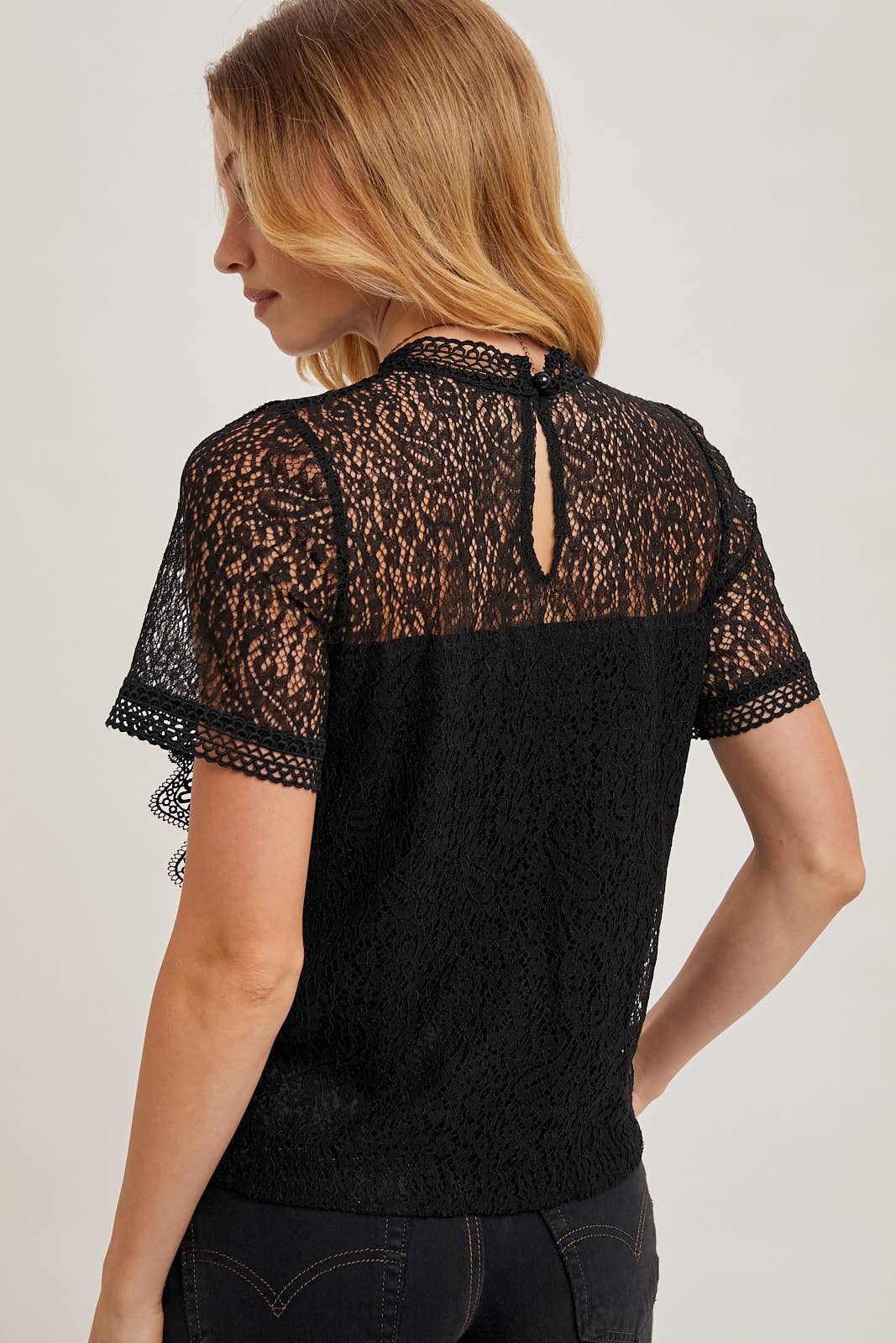 Mock Neck Button Back Lace Top With Lining