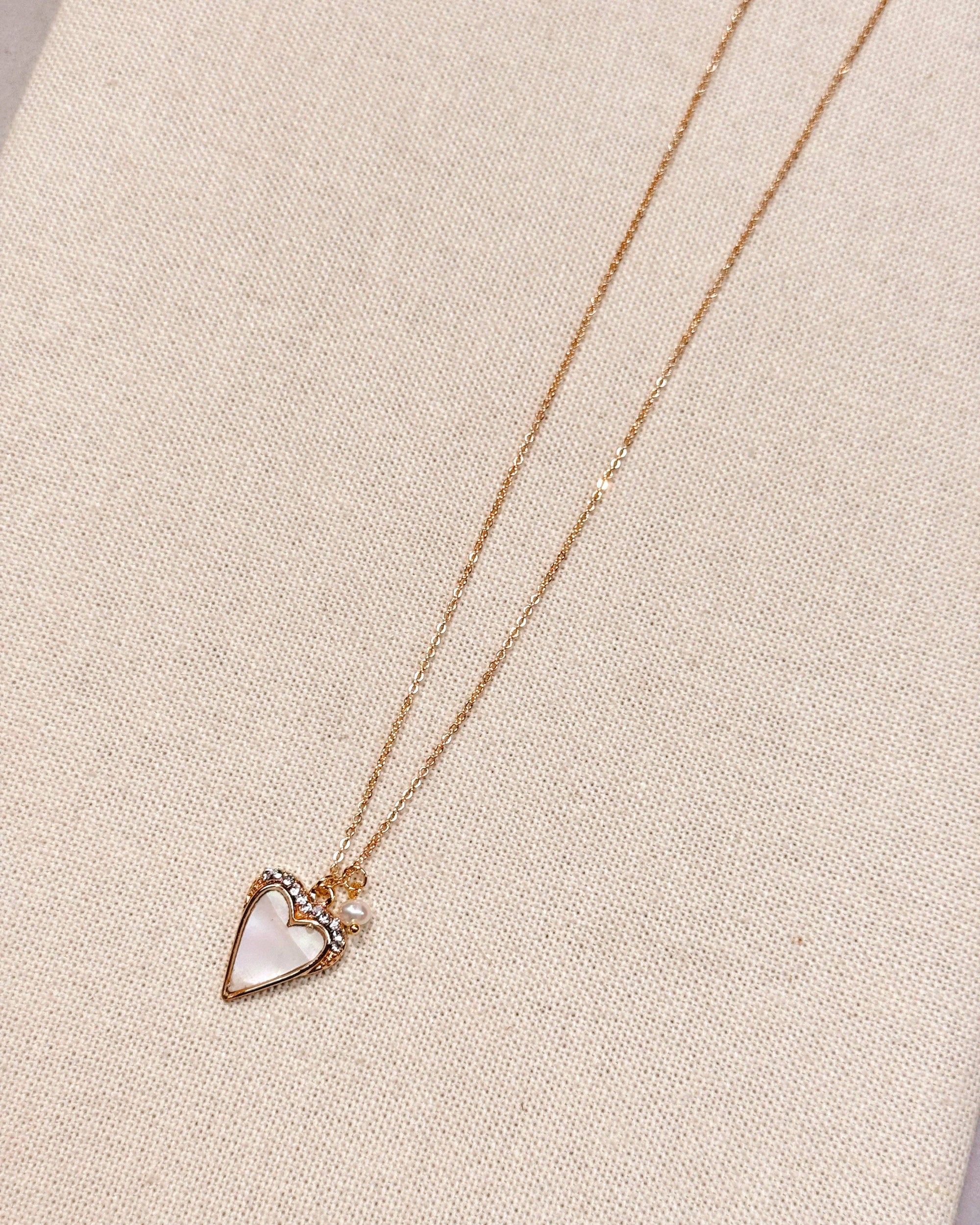 Mother of Pearl Rhinestone Heart Outline Necklace
