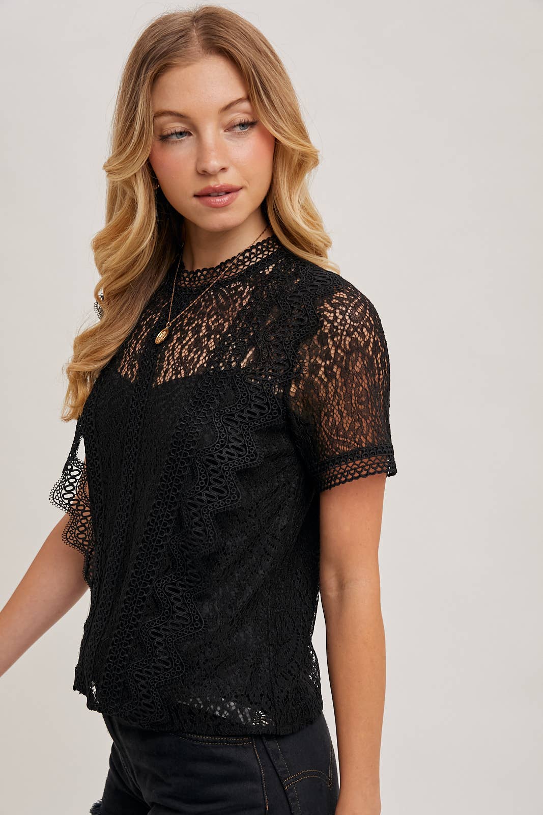 Mock Neck Button Back Lace Top With Lining