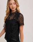 Mock Neck Button Back Lace Top With Lining