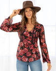 Rose Floral Print Clip Dot Long Sleeve Blouse