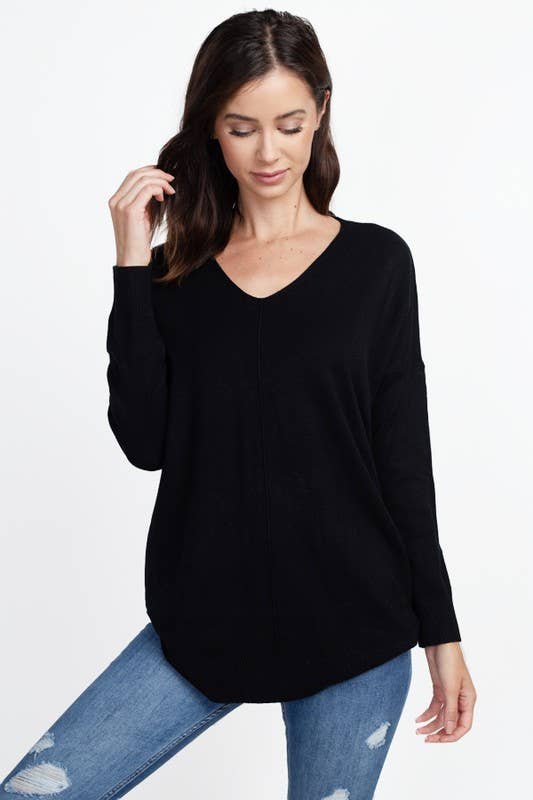 Long V-Neck Sweater With Front Seam