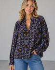 Abstract Floral Tie-Neck Blouse