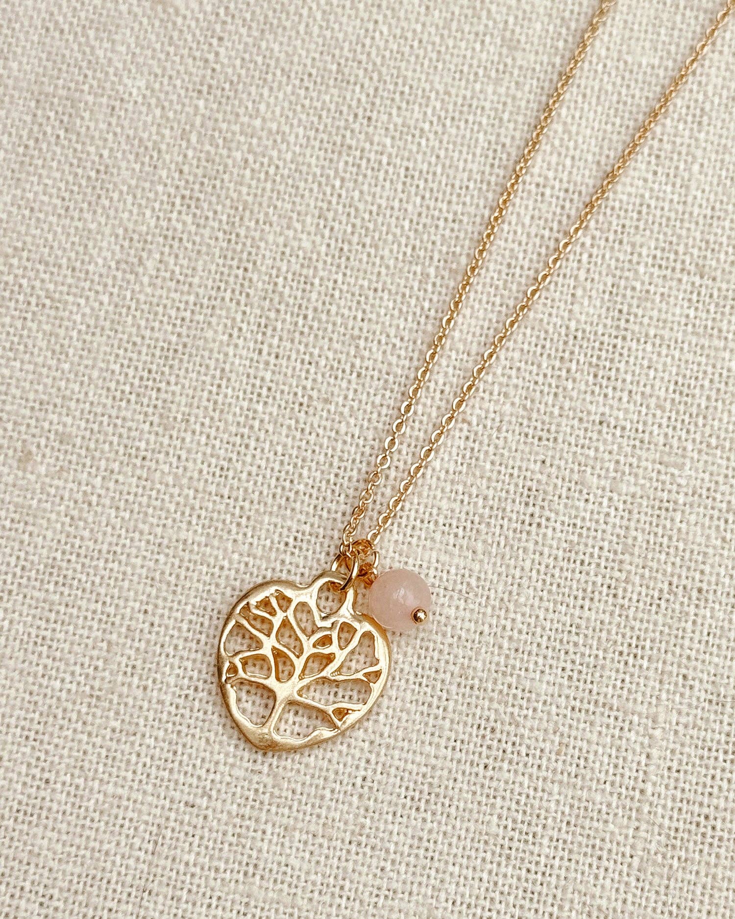 Rose Quartz Tree of Life Heart Charm Necklace