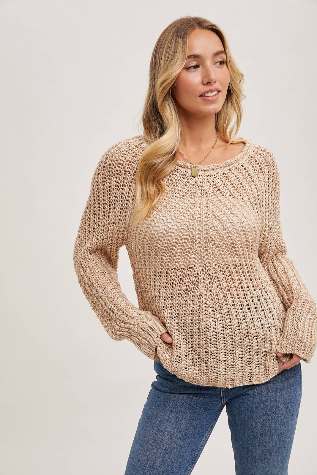Raglan Cut Open Knit Sweater Pullover