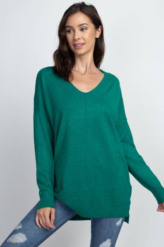 Long V-Neck Sweater With Front Seam