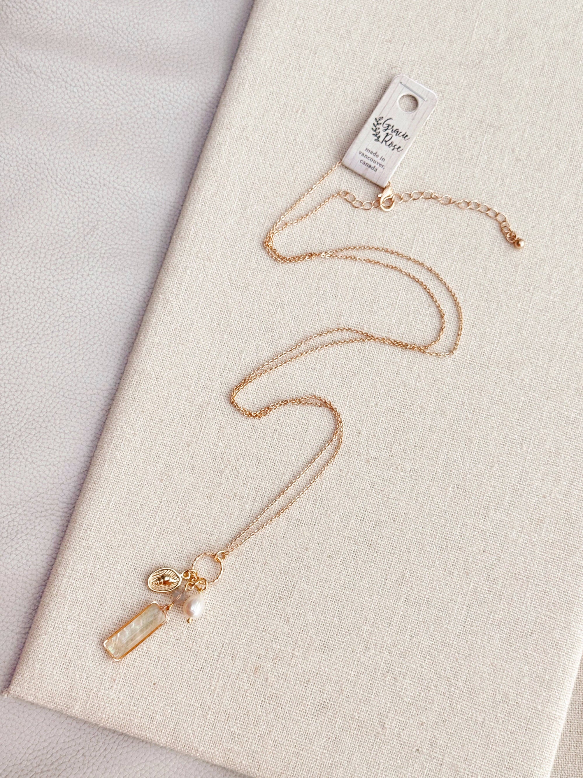 Gold Mother of Pearl Bar Pendant Necklace