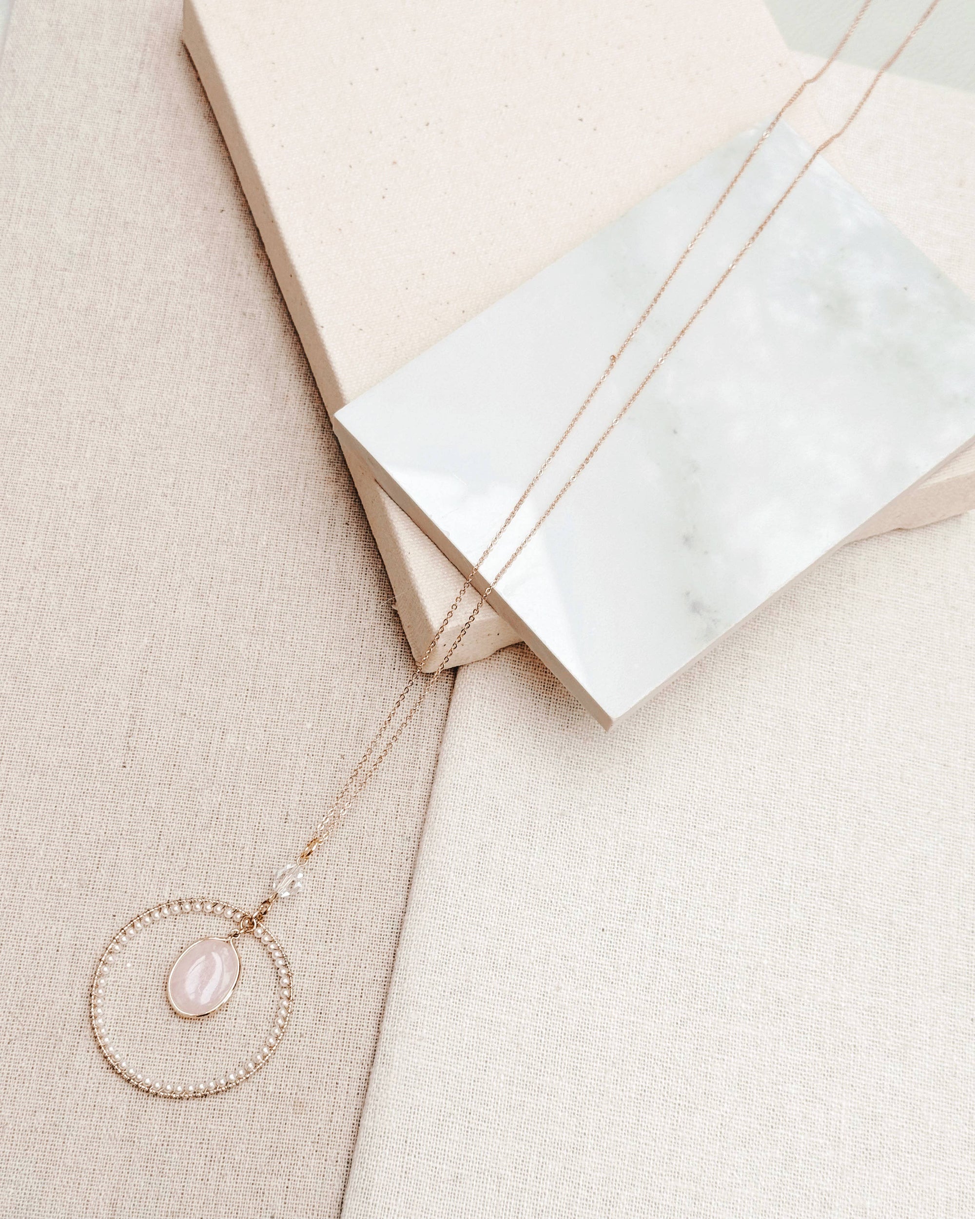 Romantic Matte Gold Rose Quartz Pearl Hoop Pendant Necklace