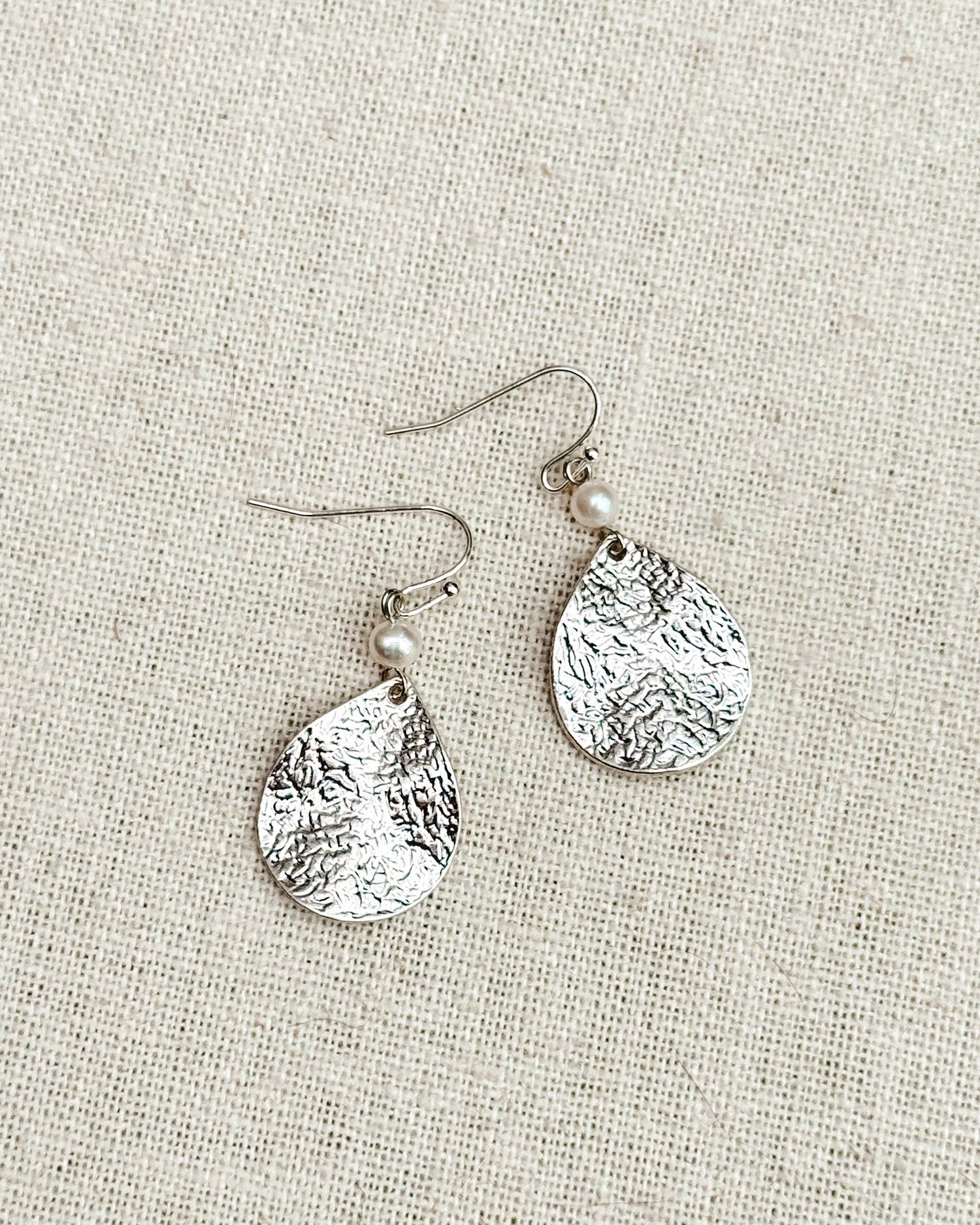 Hammered Teardrop &amp; Freshwater Pearl Dangle Earrings