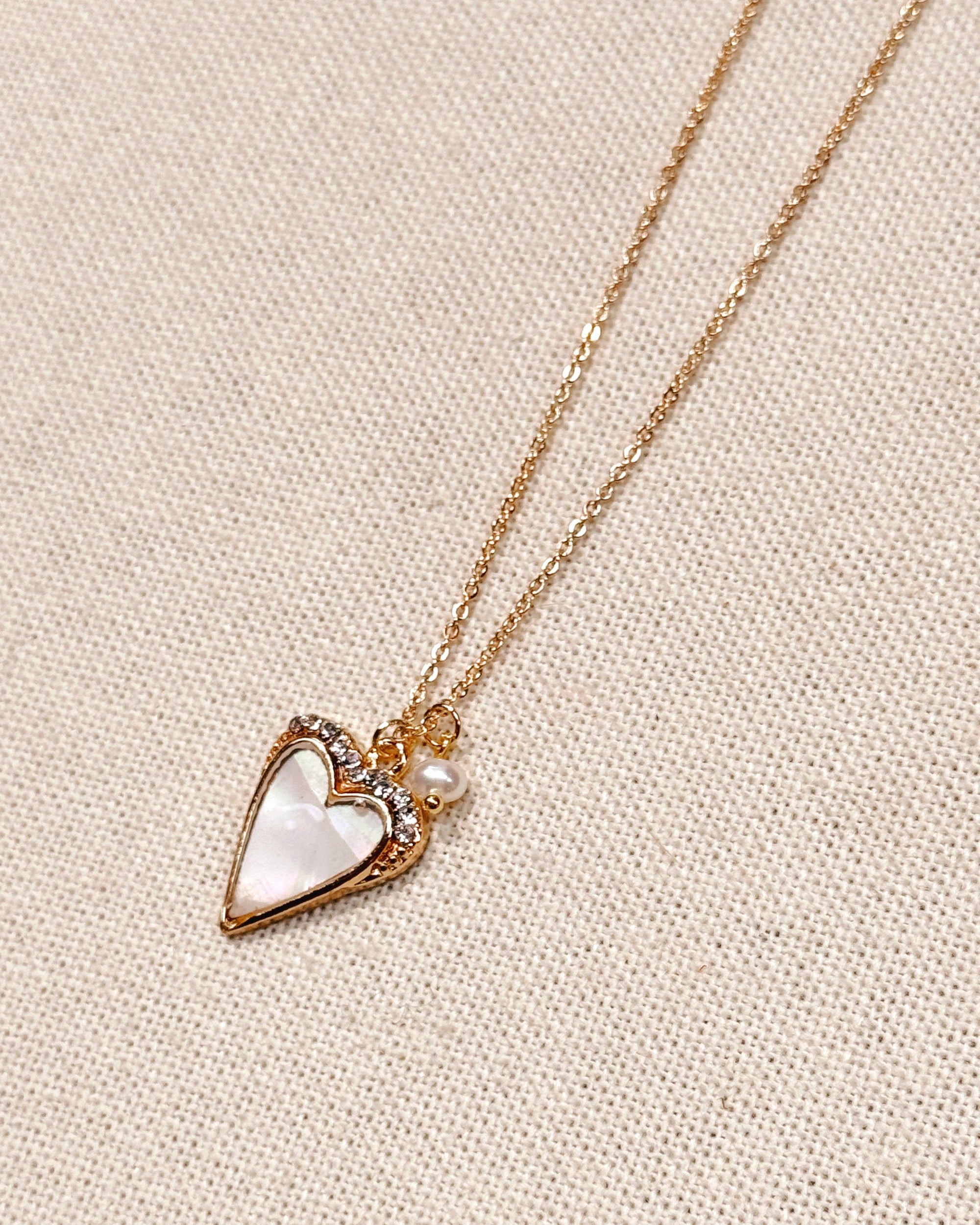 Mother of Pearl Rhinestone Heart Outline Necklace