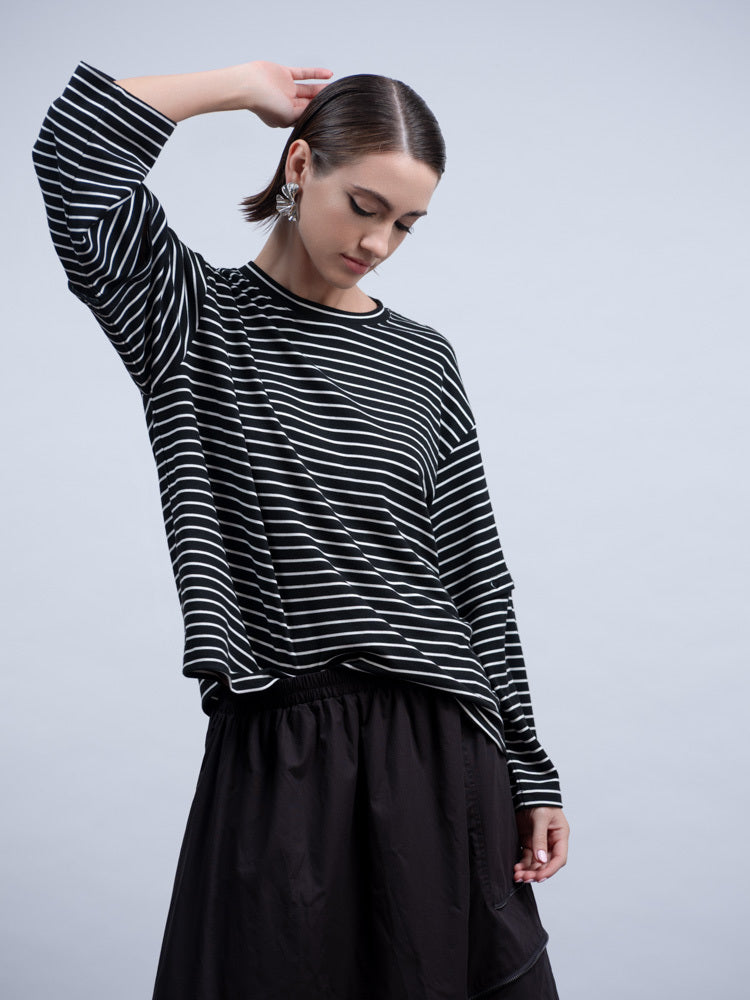 Haako Stripe Button Sleeve Tee