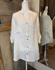 White Linen Lace Back Sequin Button Top