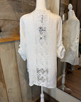 White Linen Lace Back Sequin Button Top