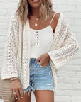 White Stylish Hollow Out Knit Drop Shoulder Cardigan