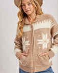 FAIR ISLE FUZZY KNIT FRONT ZIPPER CARDIGAN