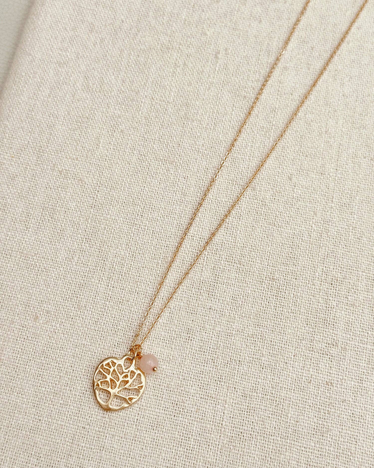 Rose Quartz Tree of Life Heart Charm Necklace