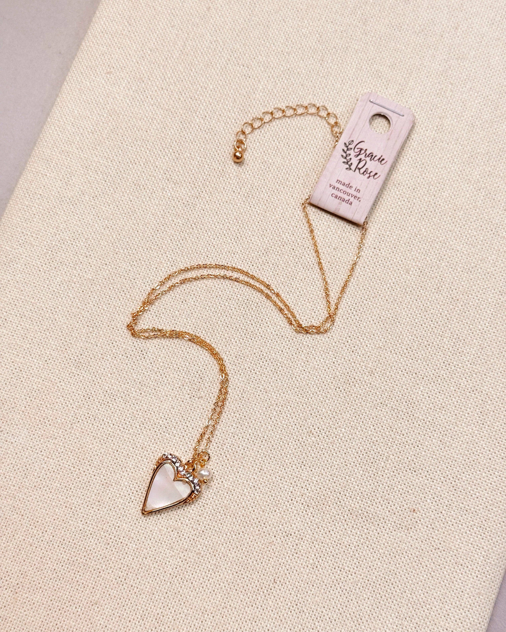 Mother of Pearl Rhinestone Heart Outline Necklace