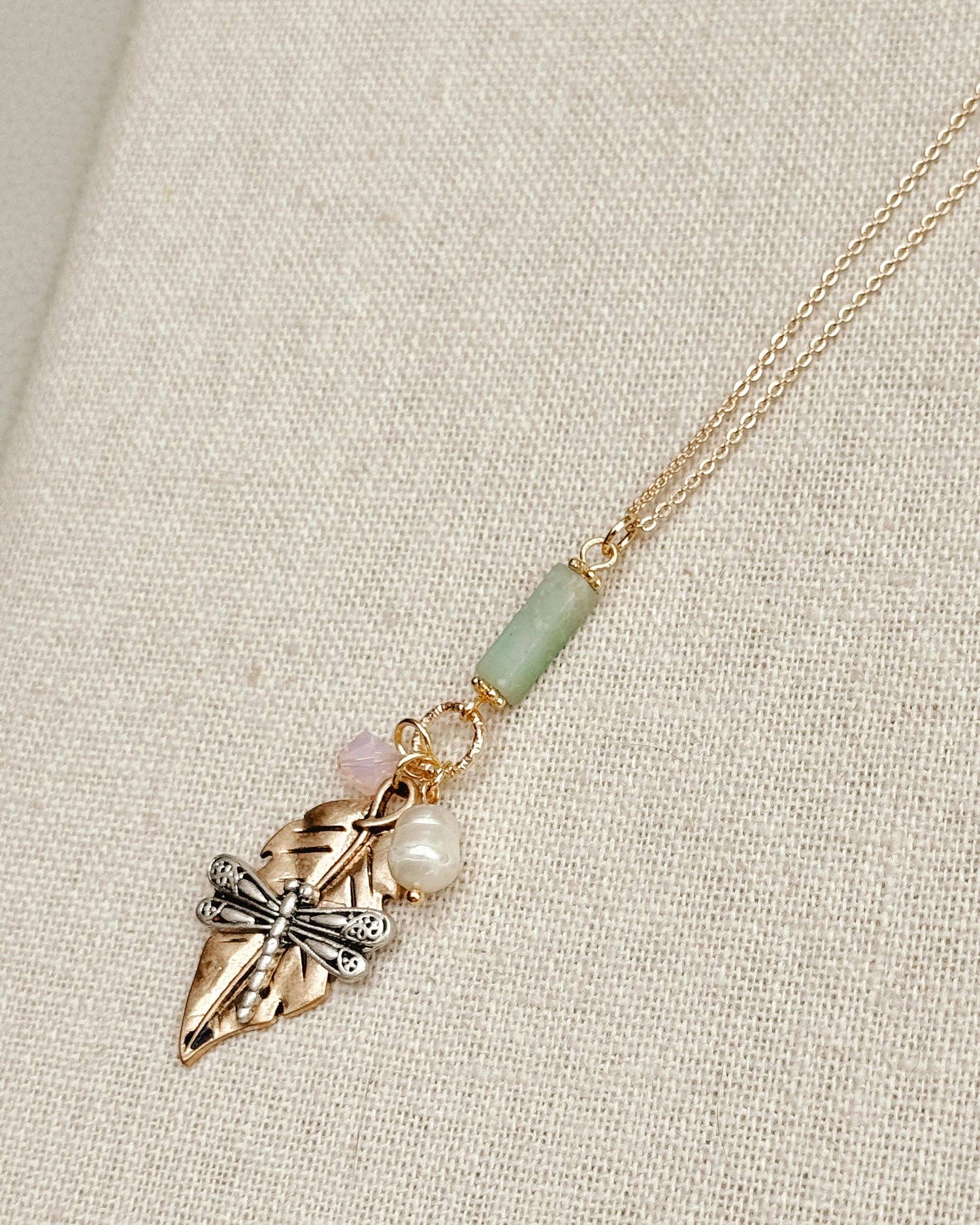 Gold Dragonfly Amazonite &amp; Crystal Pendant Necklace