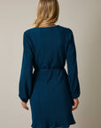 NOTCH NECK LONG SLEEVE WAIST TIE MINI DRESS