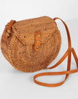 Round Ata Rattan Bag with Flap Bali Bag Straw Boho Beach Bag
