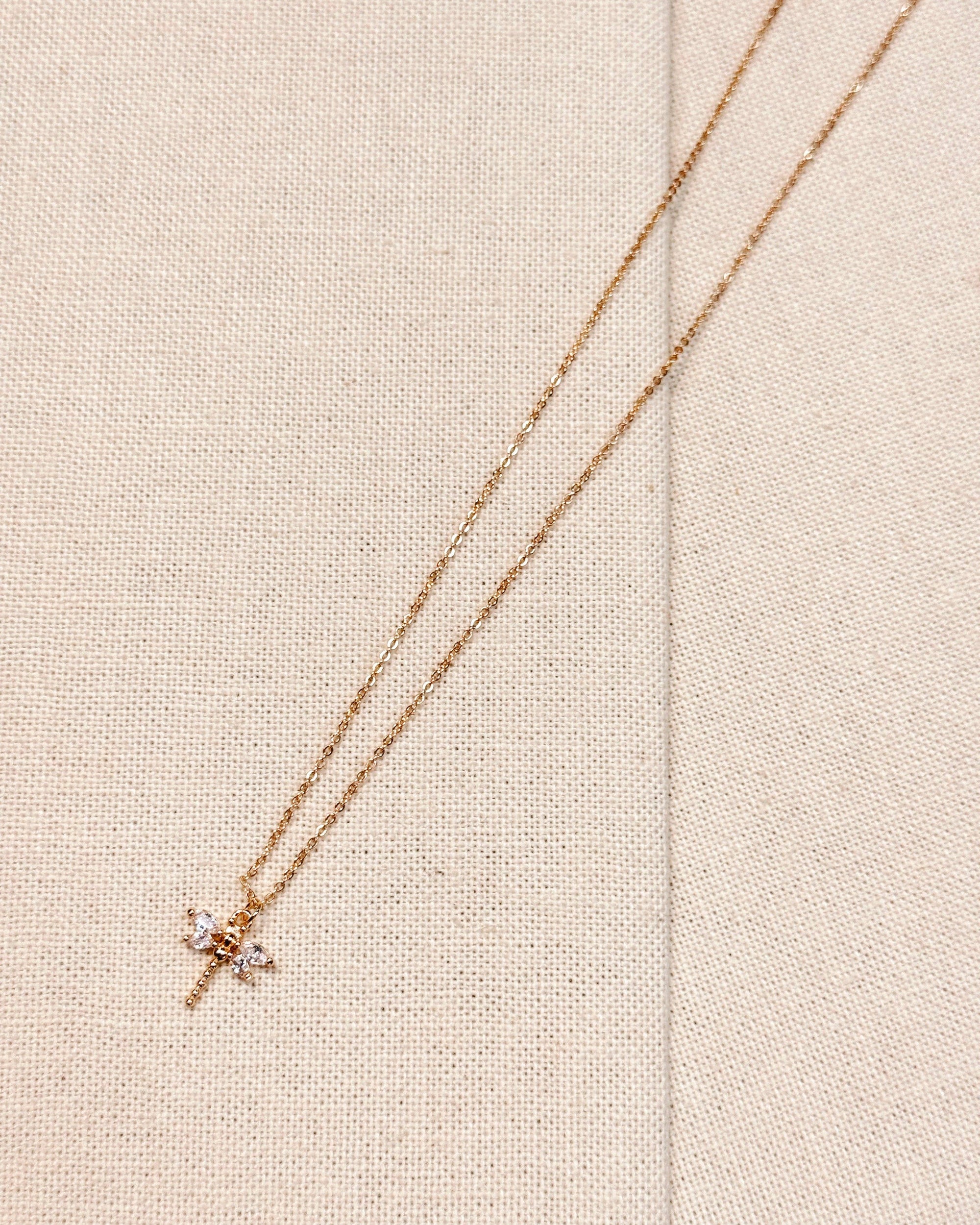 CZ Mini Dragonfly Charm Necklace Gold
