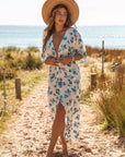 Floral Front Knot Kimono Sleeve Midi Dress