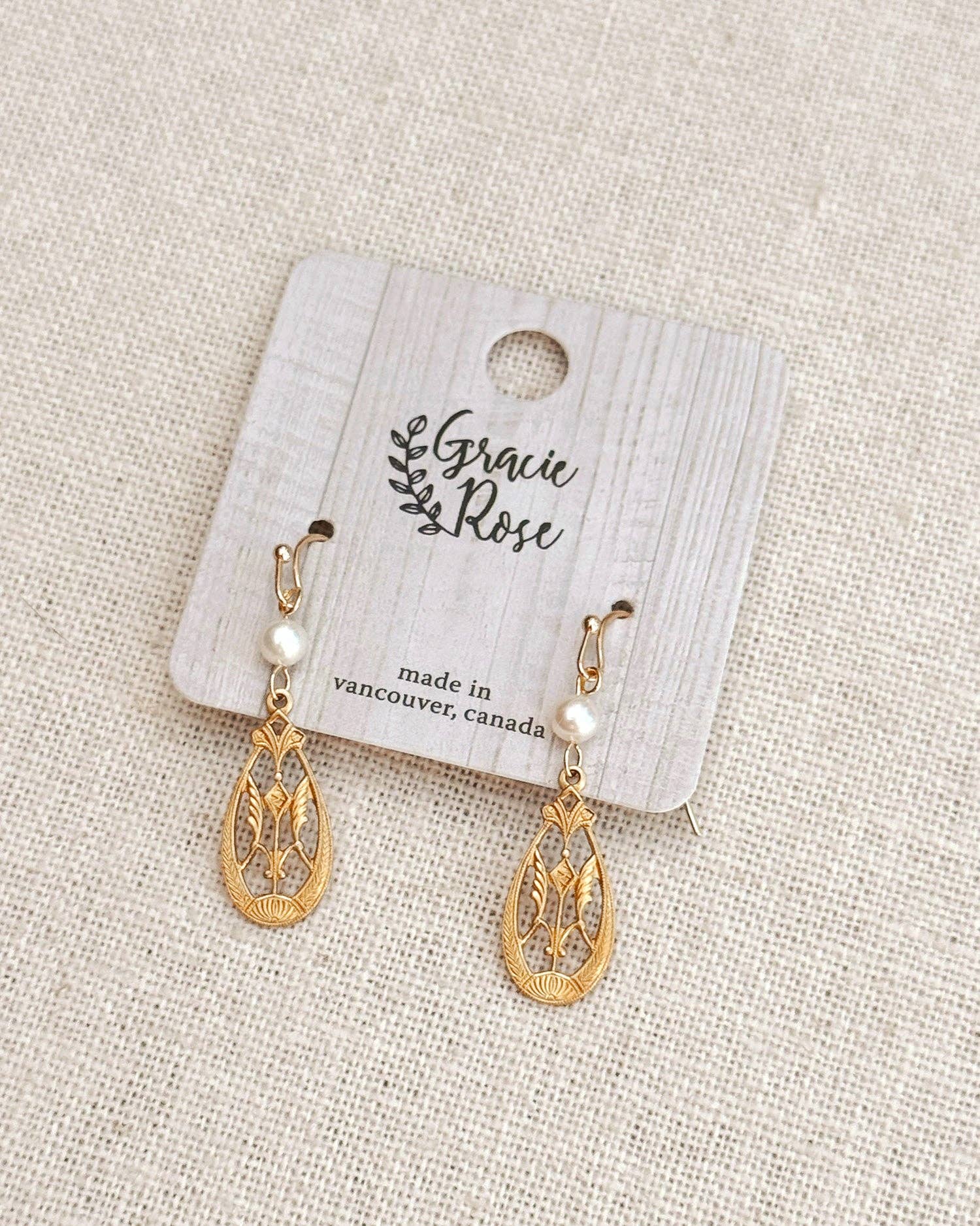 Brass Filigree Drop Earrings Gold Freshwater Pearl