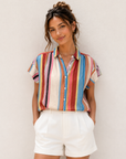 Multi Stripe Tencel Blend Button-Up Blouse