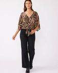 V-Neck Tie Front Kimono Sleeve Blouse