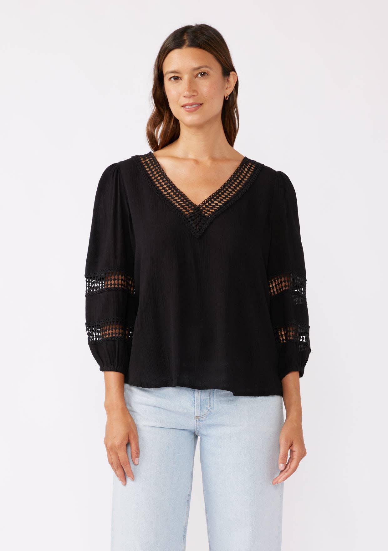 V-Neck Long Sleeve Blouse with Diamond Lace Trim