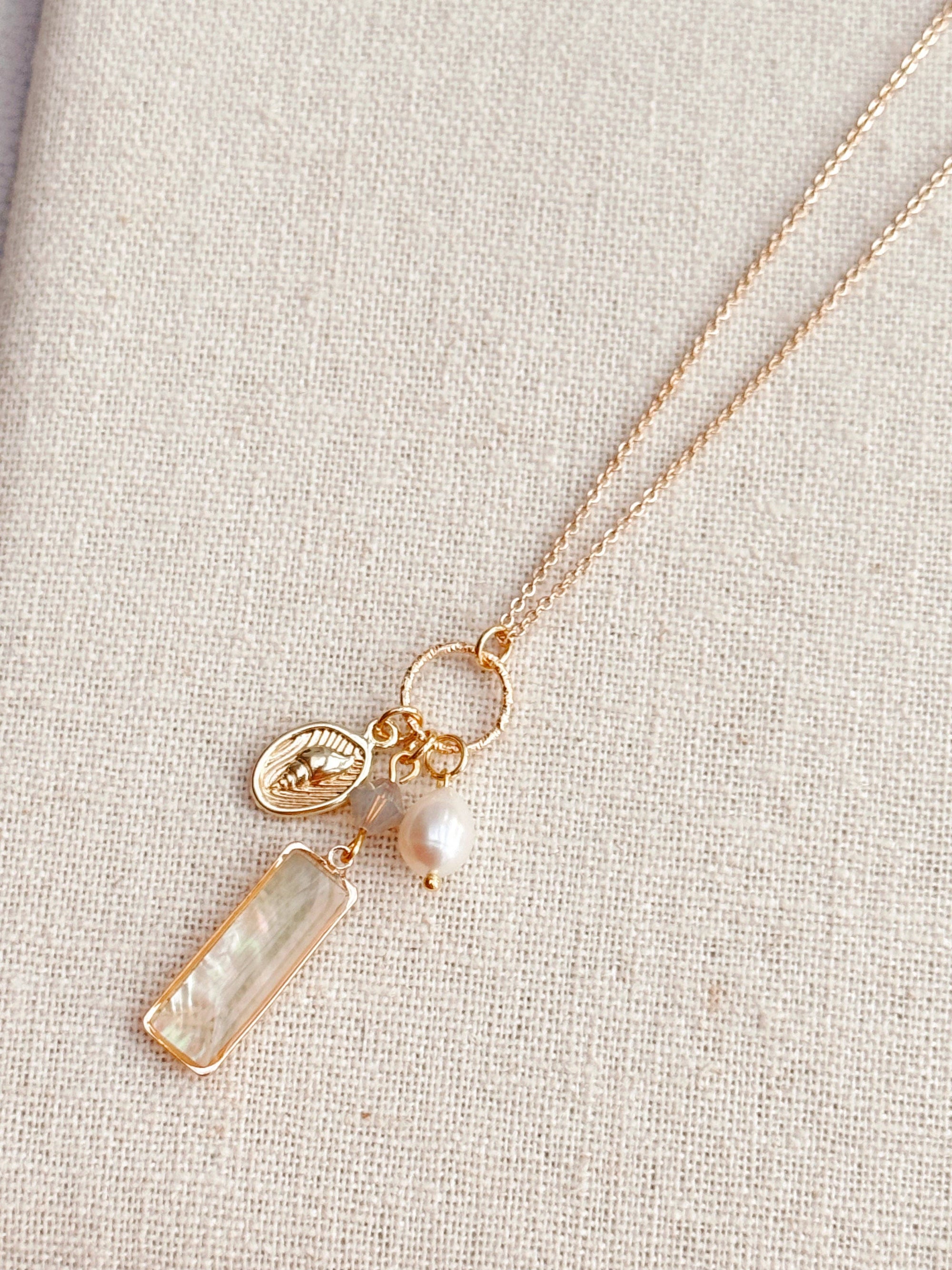 Gold Mother of Pearl Bar Pendant Necklace