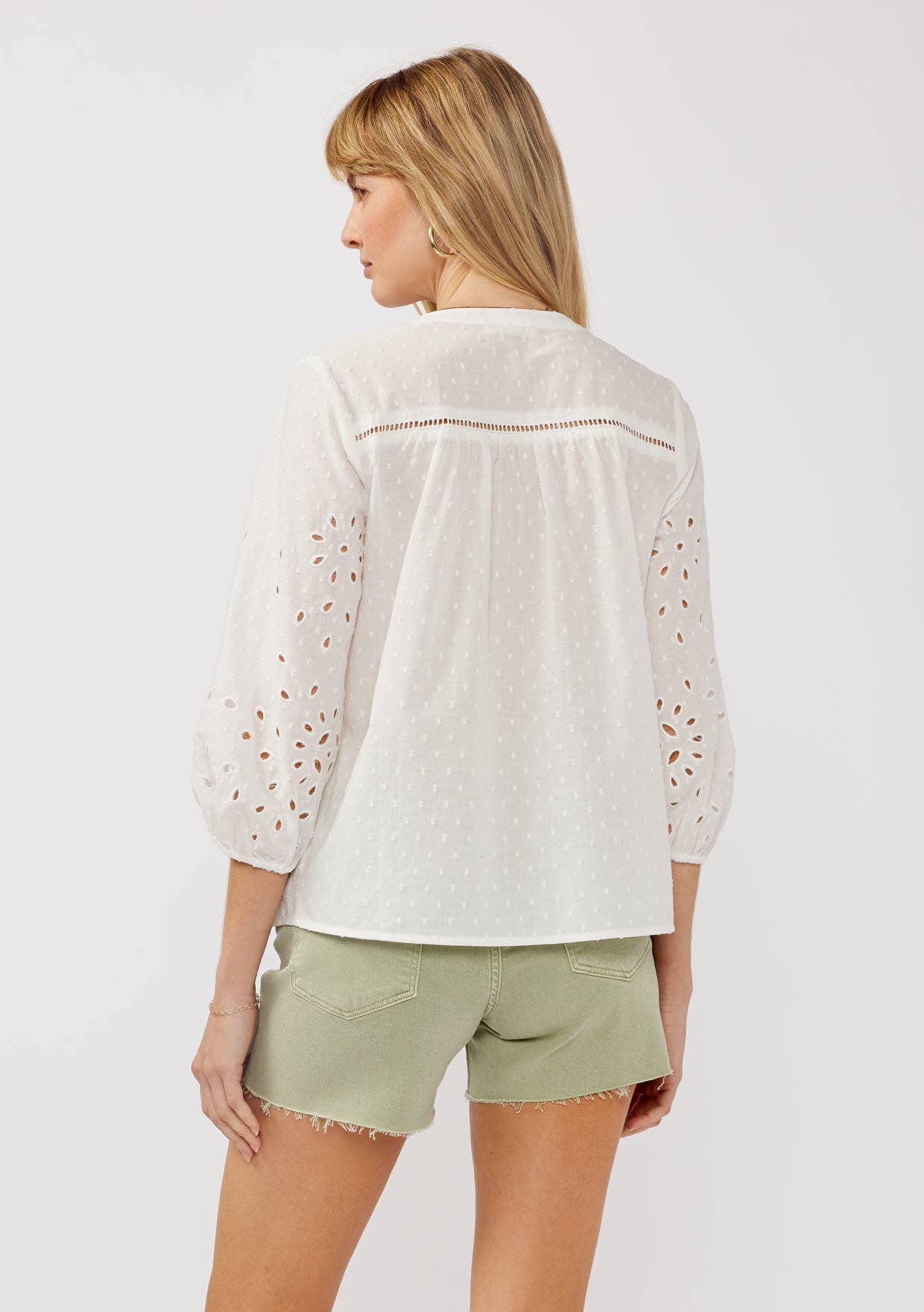 3/4 Sleeve Cotton Clip Dot Button-Down Blouse