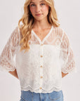 Sheer Embroidered Mesh Button Down Hem Blouse