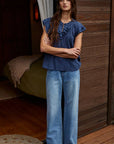 Woven Cotton Linen Button V-Neck Short Sleeve Top