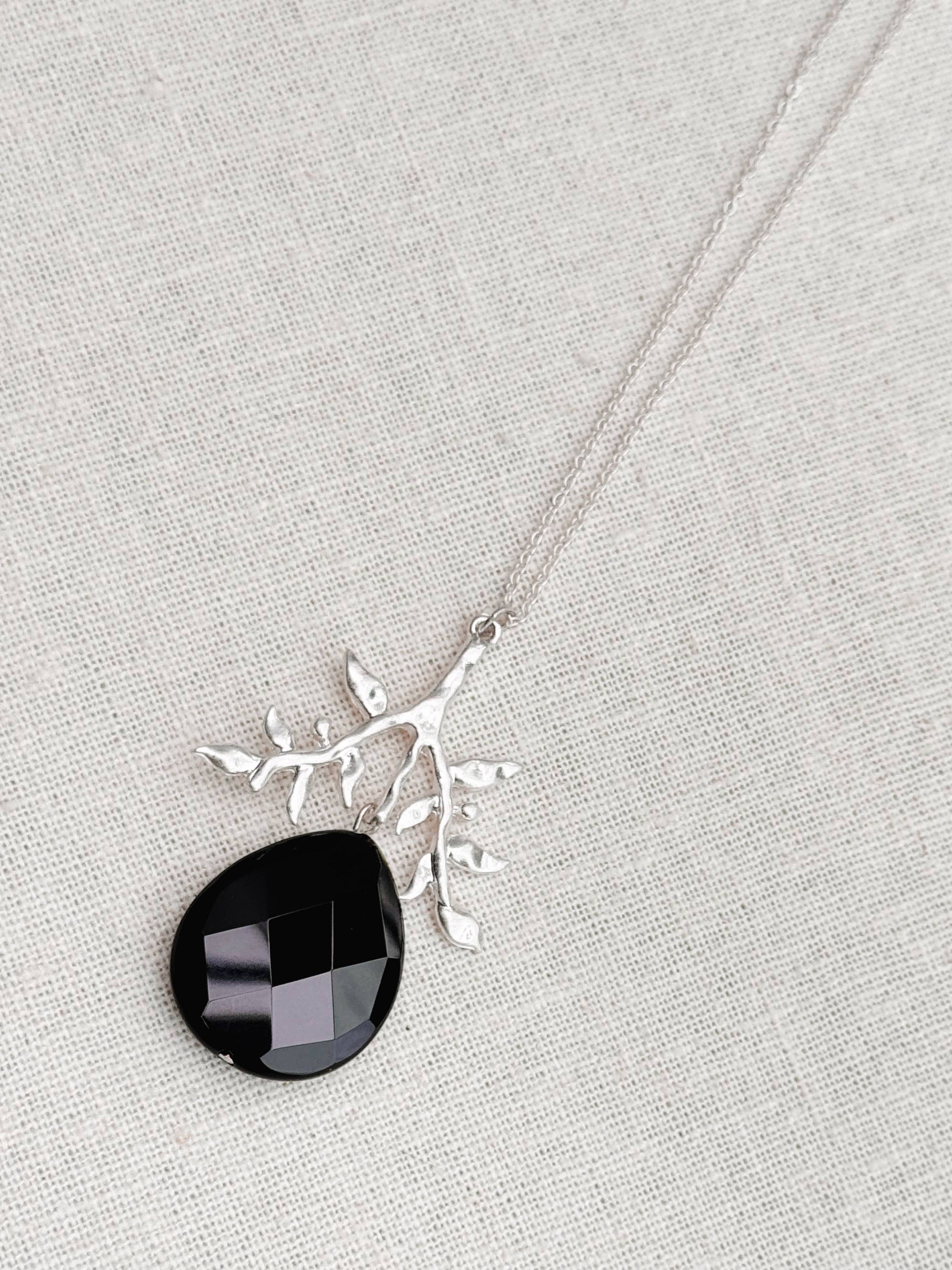 Matte Silver Branch Black Agate Teardrop Pendant Necklace