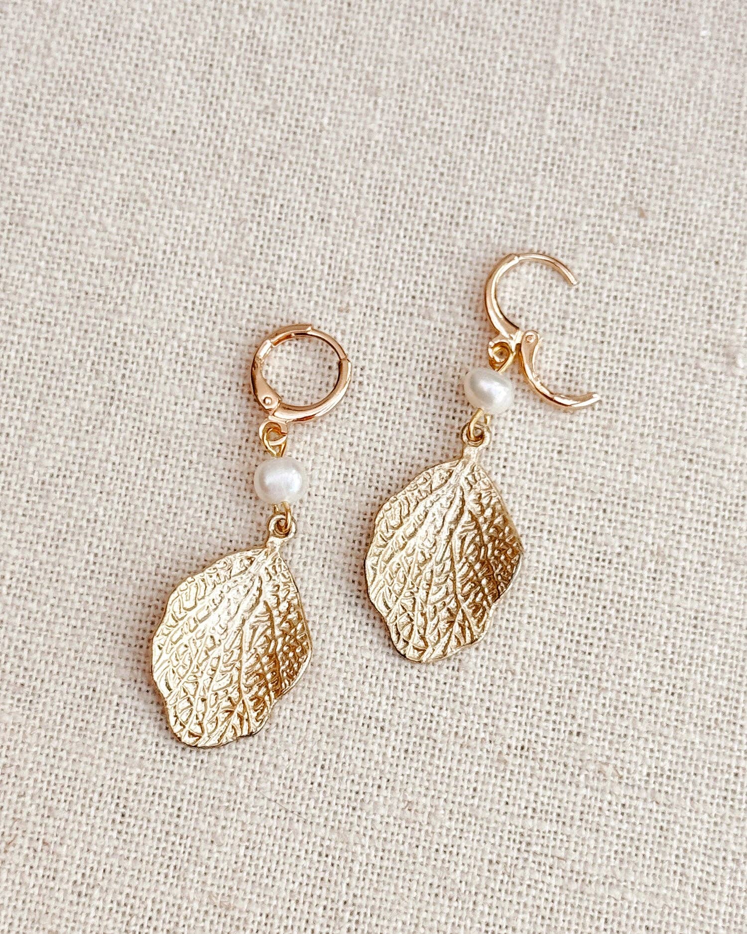 Matte Gold Pearl Leaf Drop Earrings
