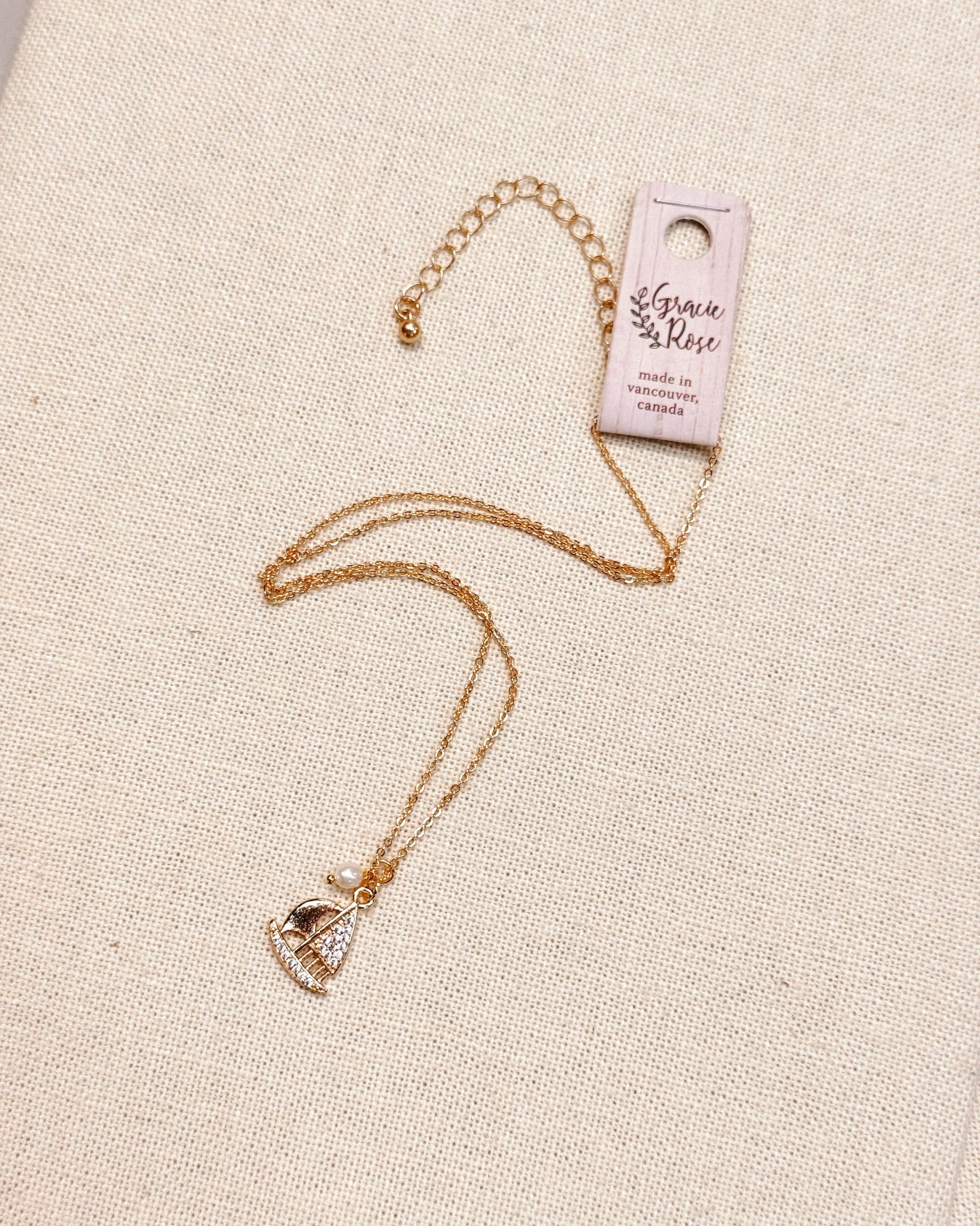 CZ Sailboat Charm Gold Necklace with Pearl