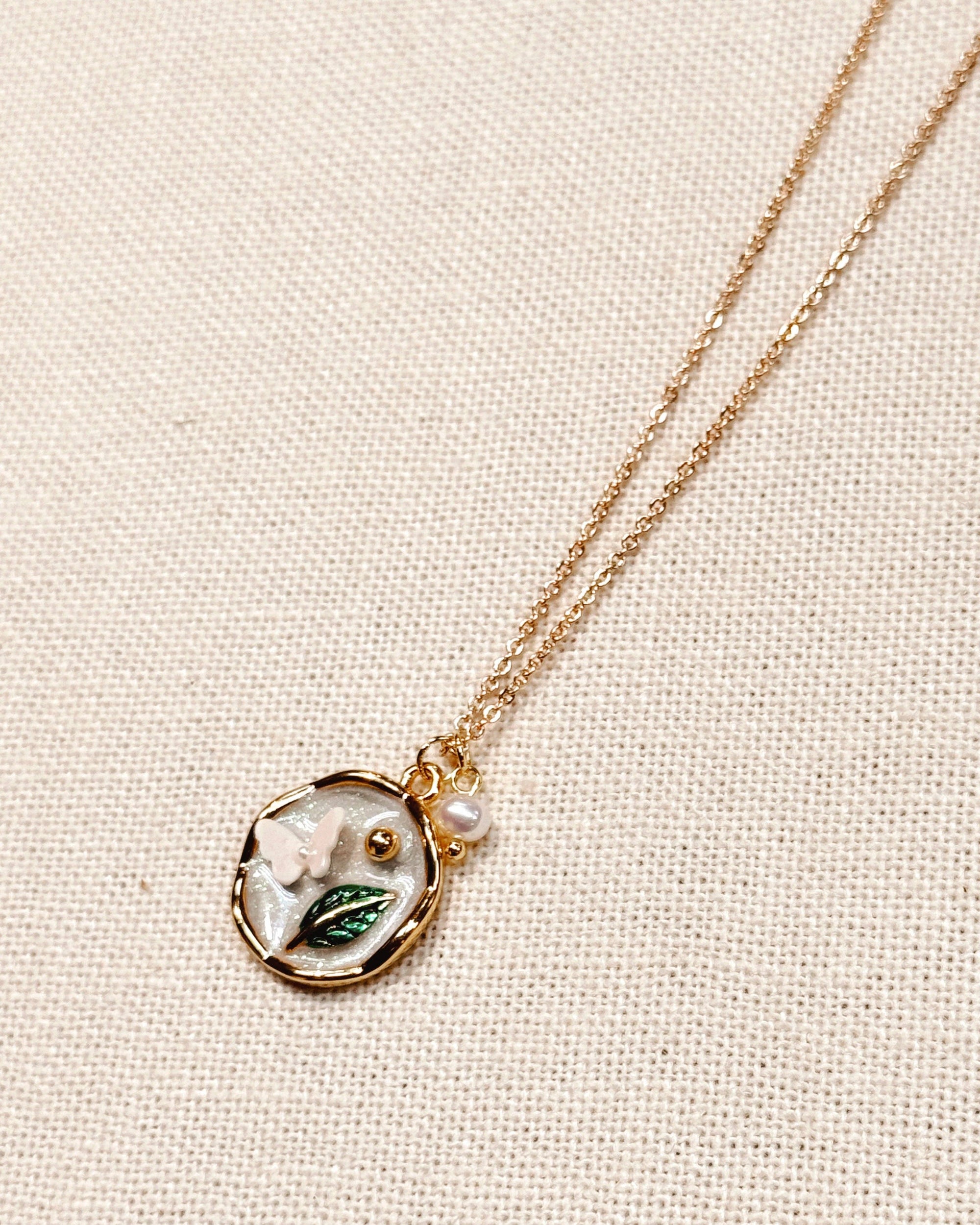 Enamel Butterfly Floral Pendant Gold Necklace