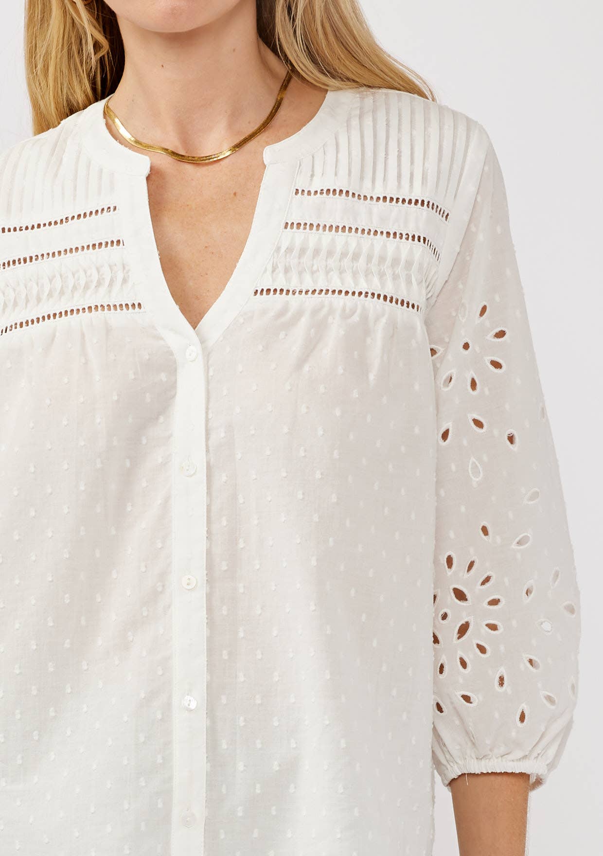 3/4 Sleeve Cotton Clip Dot Button-Down Blouse