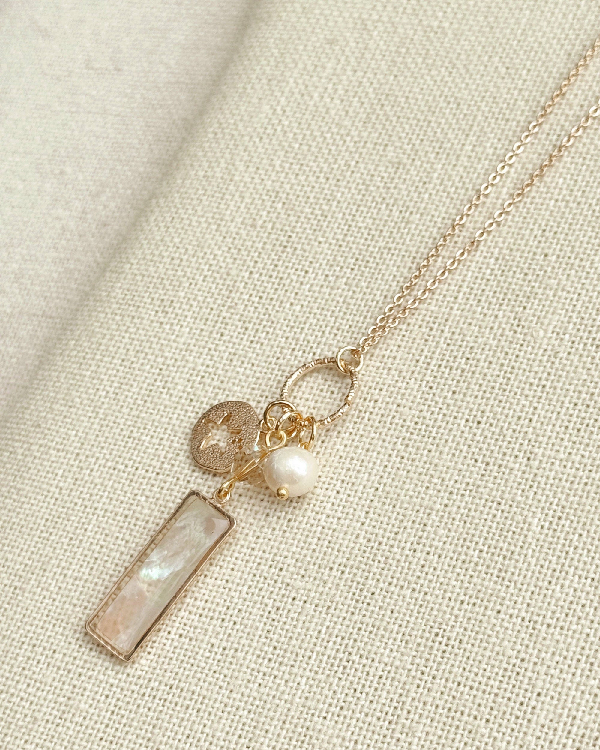Gold Mother of Pearl Bar Pendant Necklace