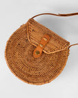 Round Ata Rattan Bag with Flap Bali Bag Straw Boho Beach Bag