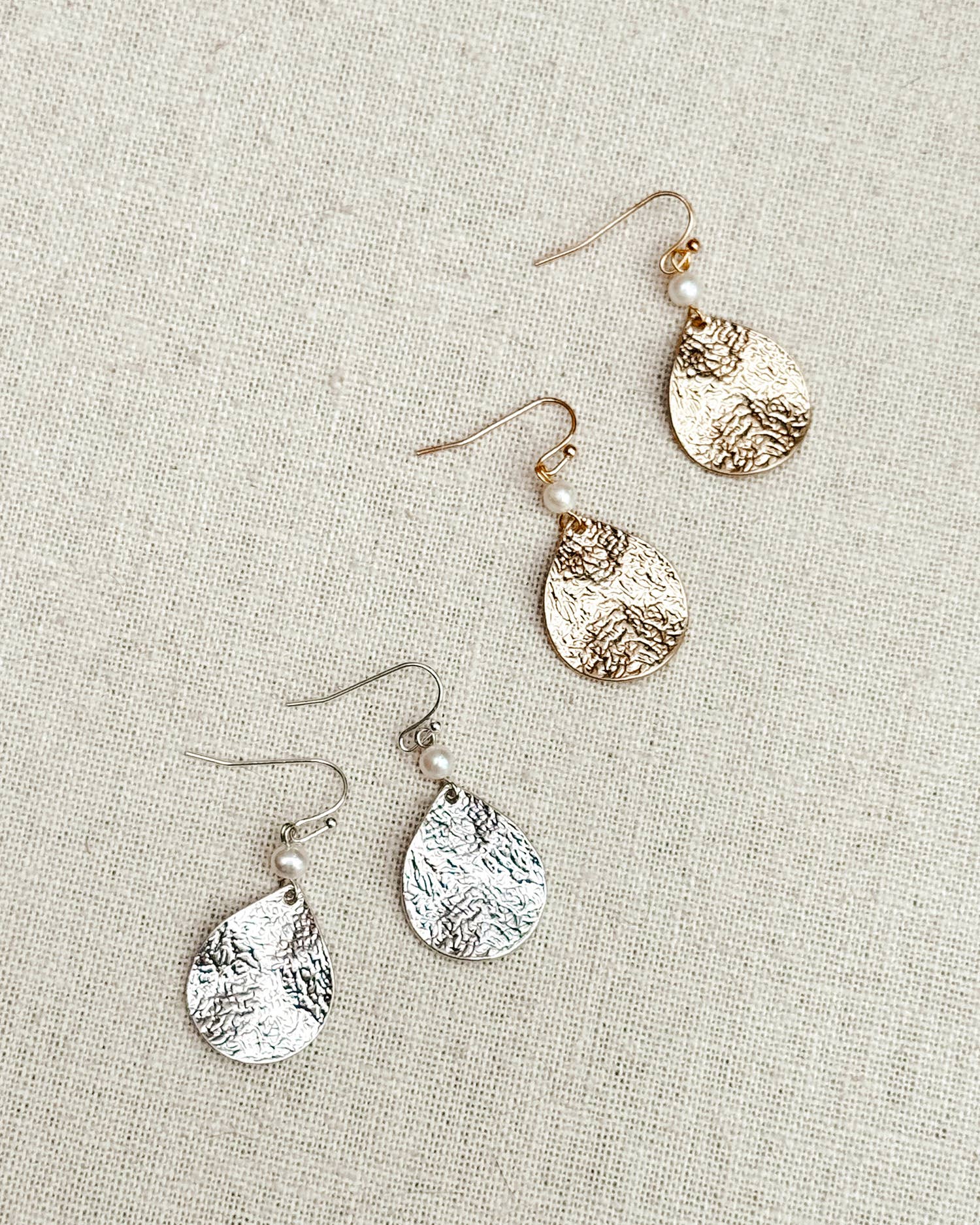 Hammered Teardrop &amp; Freshwater Pearl Dangle Earrings