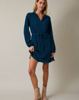 NOTCH NECK LONG SLEEVE WAIST TIE MINI DRESS