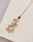 Tiger Eye & Pearl Branch Cluster Pendant Necklace - Gold